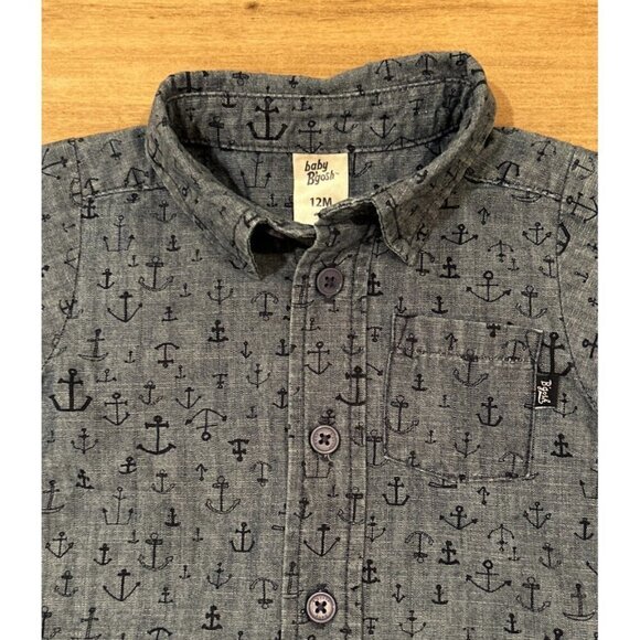 OshKosh Baby B'Gosh 12M Blue Chambray Anchor Print Button Up Shirt Short Sleeve - Picture 3 of 4